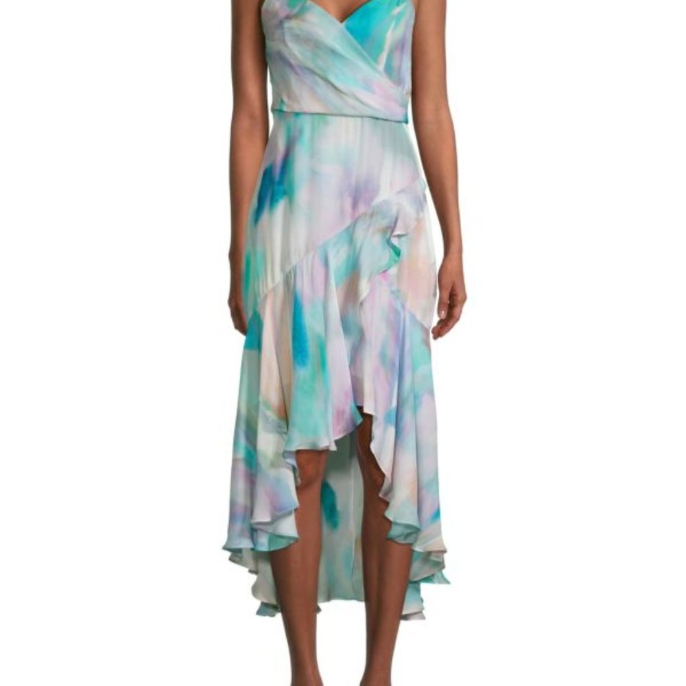 Parker Watercolor Wrap-style Silk High-Low midi Dress